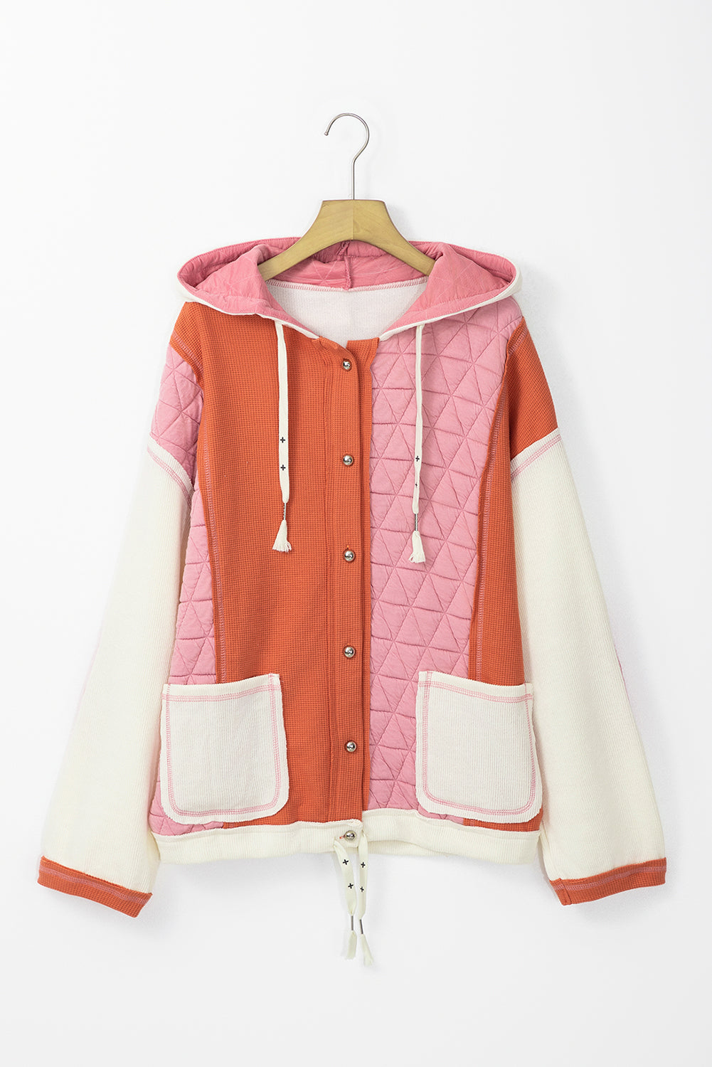 Light blue quilted textured patchwork loose-fit hooded jacket by Mommas Hive, made of polyester and elastane for outerwear.