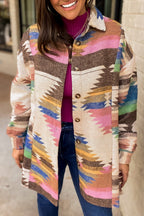 White Aztec print button-up shacket by Mommas Hive, lightweight polyester outerwear with a stylish geometric pattern.