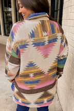 White Aztec print button-up shacket by Mommas Hive, lightweight polyester outerwear with a stylish geometric pattern.