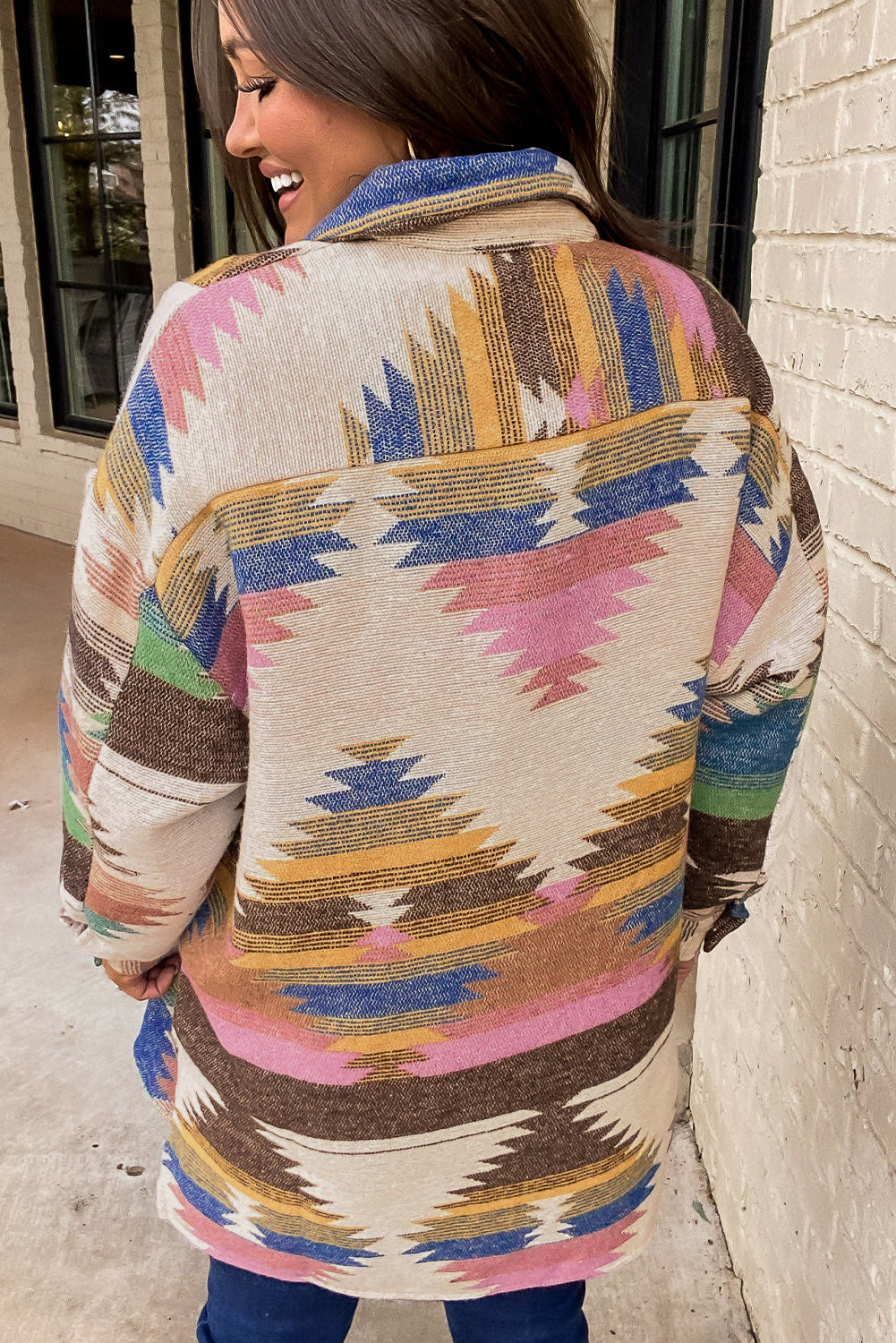 White Aztec print button-up shacket by Mommas Hive, lightweight polyester outerwear with a stylish geometric pattern.