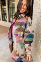 White Aztec print button-up shacket from Mommas Hive, lightweight polyester outerwear with a stylish geometric pattern.