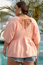 Apricot pink plus size textured babydoll blouse with wide short sleeves, 100% cotton, from Mommas Hive.