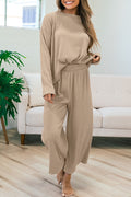 Smoke gray loose textured pullover and pants outfit by Mommas Hive, featuring comfortable polyester-elastane fabric.