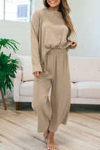 Smoke gray loose textured pullover and pants outfit by Mommas Hive, featuring comfortable polyester-elastane fabric.