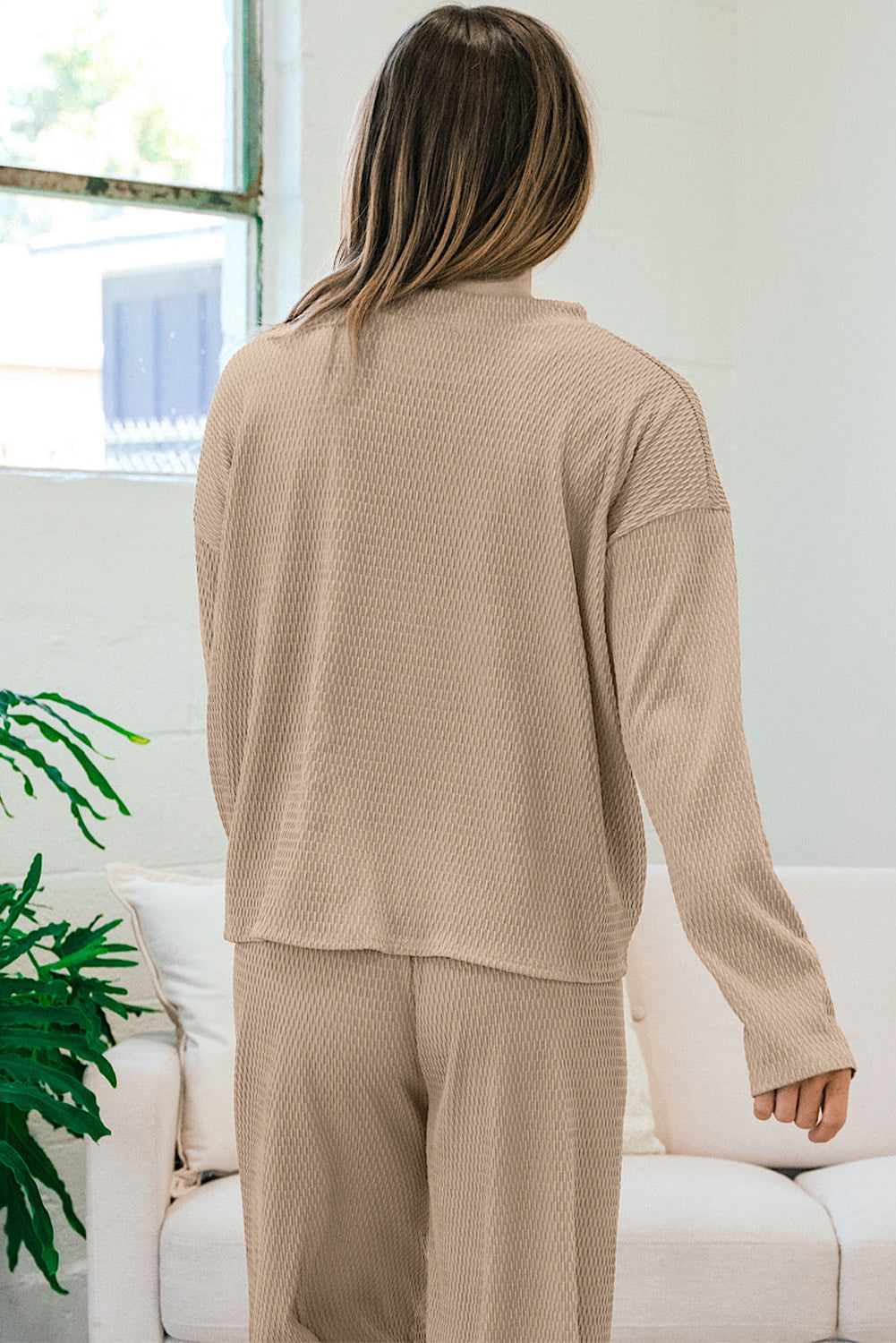 Smoke gray loose textured pullover and pants outfit by Mommas Hive, made of polyester and elastane, perfect for casual wear.
