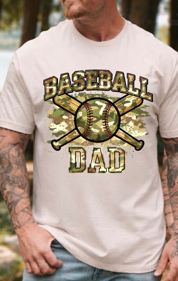 Mommas Hive baseball dad in camouflage cap and jersey, showcasing a casual outdoor sports look.