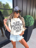 Small Mommas Hive Life Happens Dogs Help tote bag featuring dog illustrations and motivational text on natural fabric.