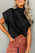 Mommas Hive oatmeal ribbed knit short sleeve sweater with patch pocket, made from viscose, polyester, and polyamide, casual style.