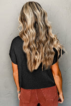 Mommas Hive oatmeal ribbed knit short sleeve sweater with patch pocket, made of viscose, polyester, and polyamide.