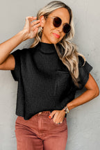 Mommas Hive oatmeal ribbed knit short sleeve sweater with patch pocket, made of viscose, polyester, and polyamide fabric.