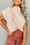 Mommas Hive oatmeal ribbed knit short sleeve sweater with patch pocket, made of viscose, polyester, and polyamide, casual style.