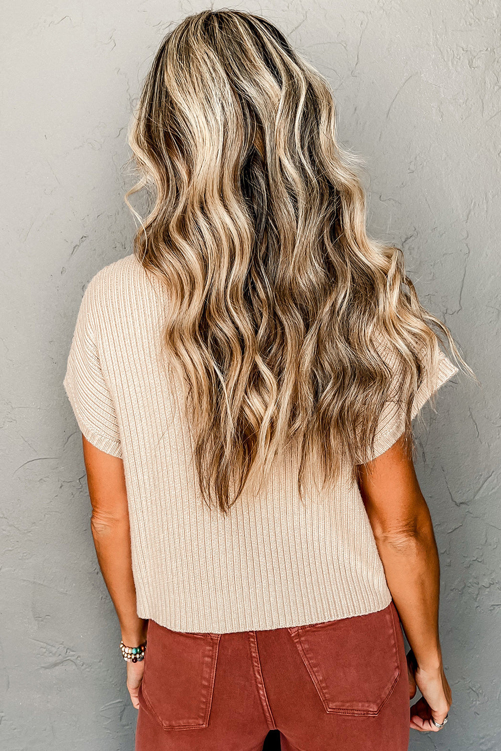 Oatmeal ribbed knit short sleeve sweater with patch pocket from Mommas Hive, casual and cozy for everyday wear.