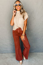 Mommas Hive oatmeal ribbed knit short sleeve sweater with patch pocket, made of viscose, polyester, and polyamide fabric.