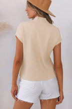 Mommas Hive oatmeal ribbed knit short sleeve sweater with patch pocket, lightweight and stylish for casual wear.
