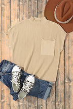 Mommas Hive oatmeal ribbed knit short sleeve sweater with patch pocket, casual style, lightweight fabric, perfect for layering.