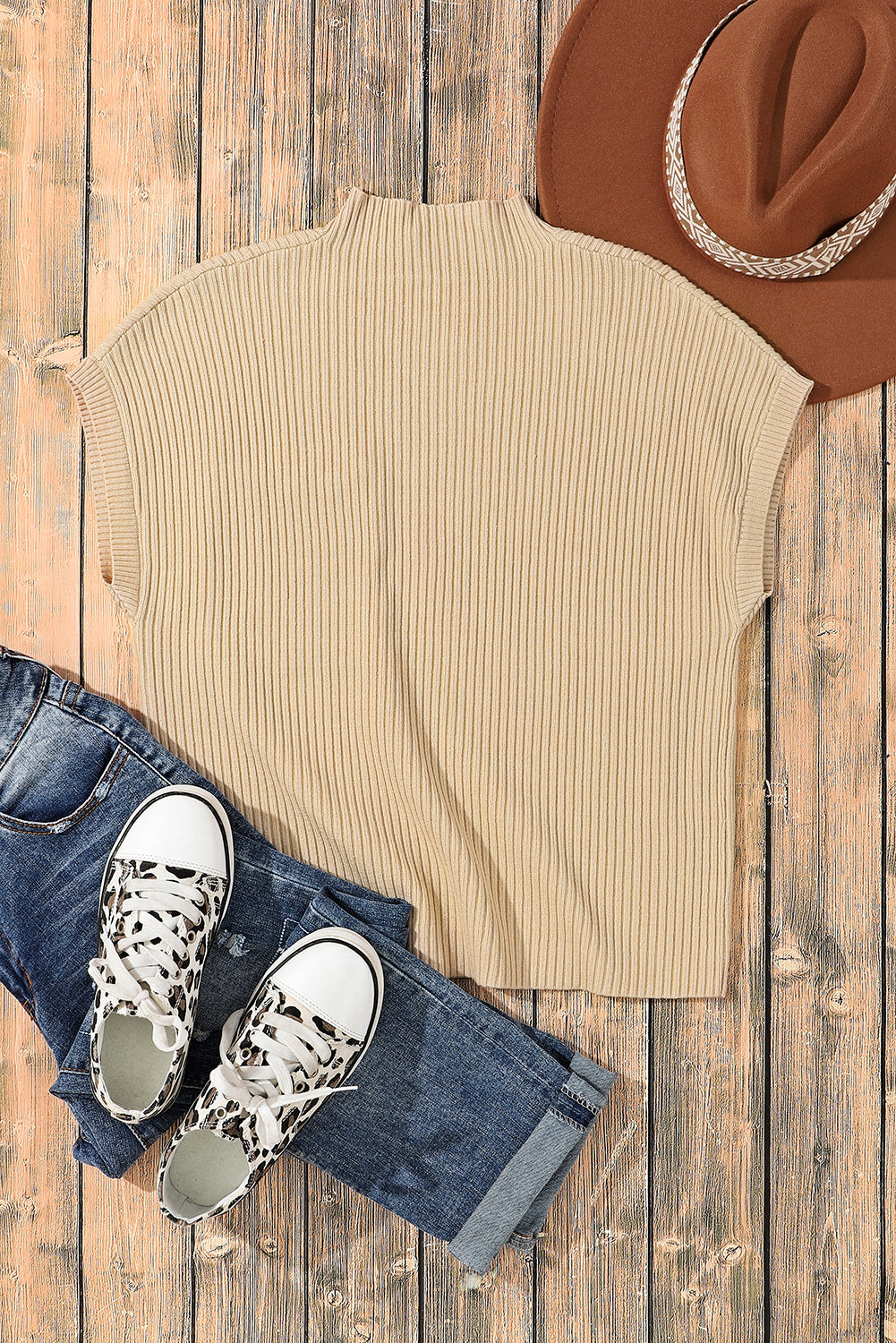 Mommas Hive oatmeal ribbed knit short sleeve sweater with patch pocket, made from viscose, polyester, and polyamide fabric.