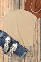 Mommas Hive oatmeal ribbed knit short sleeve sweater with patch pocket, made from viscose, polyester, and polyamide fabric.
