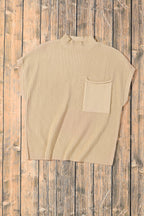 Mommas Hive oatmeal patch pocket ribbed knit short sleeve sweater, lightweight and casual for everyday wear.