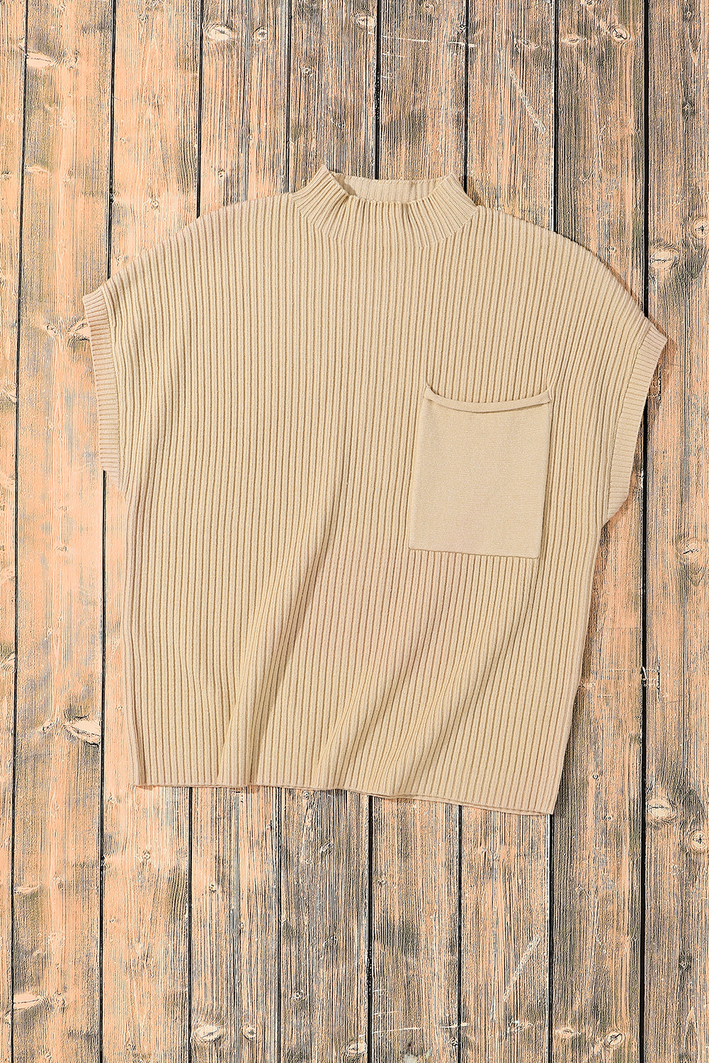 Mommas Hive oatmeal patch pocket ribbed knit short sleeve sweater, lightweight and casual for everyday wear.
