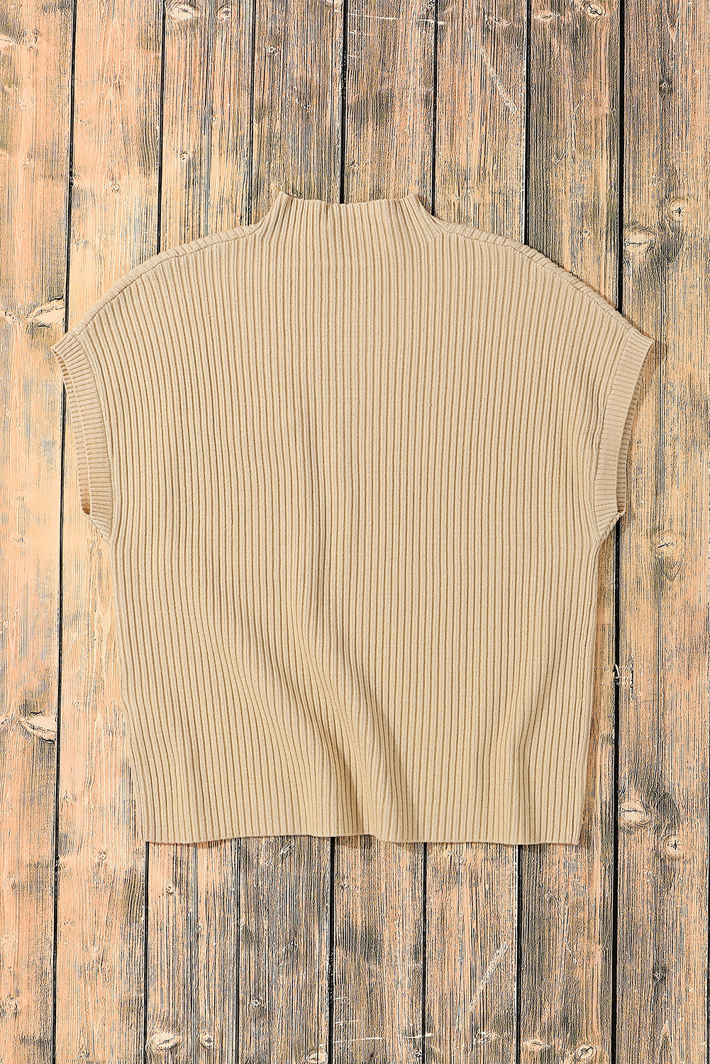 Mommas Hive oatmeal ribbed knit short sleeve sweater with patch pocket, made from viscose, polyester, and polyamide fibers.