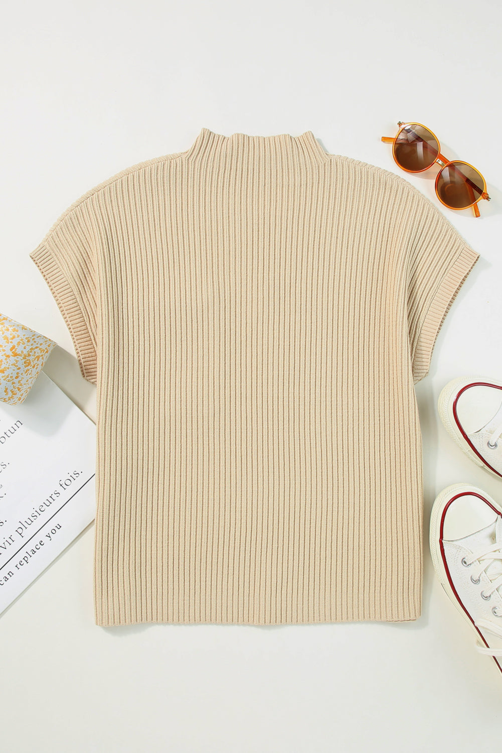 Mommas Hive oatmeal ribbed knit short sleeve sweater with patch pockets, lightweight and stylish for casual wear.