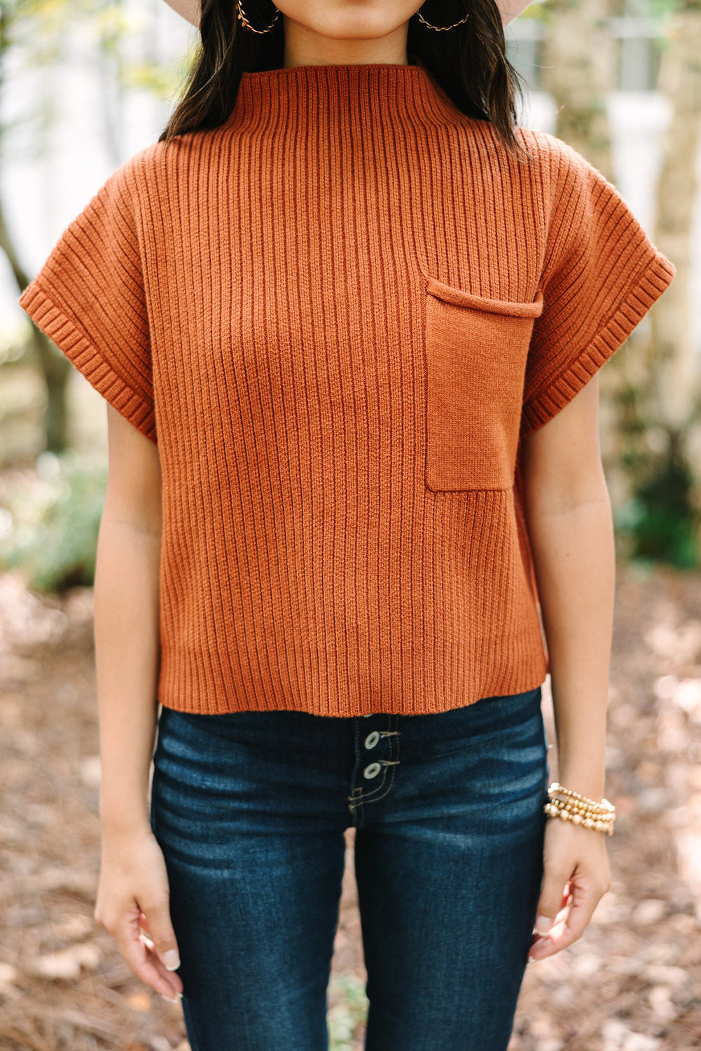 Mommas Hive oatmeal ribbed knit short sleeve sweater with patch pockets and a casual, cozy design.