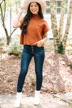 Mommas Hive oatmeal ribbed knit short sleeve sweater with patch pockets, made from viscose, polyester, and polyamide fabric.