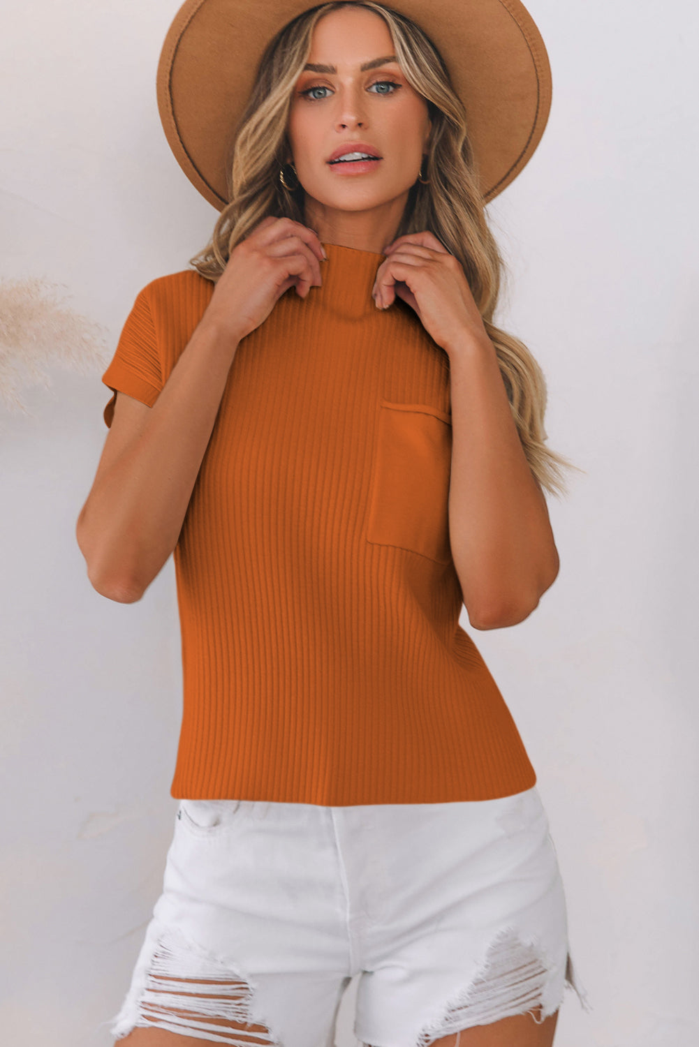 Mommas Hive oatmeal ribbed knit short sleeve sweater with patch pockets, casual and cozy design for spring and summer wear.