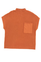 Mommas Hive oatmeal ribbed knit short sleeve sweater with patch pocket, made of viscose, polyester, and polyamide.