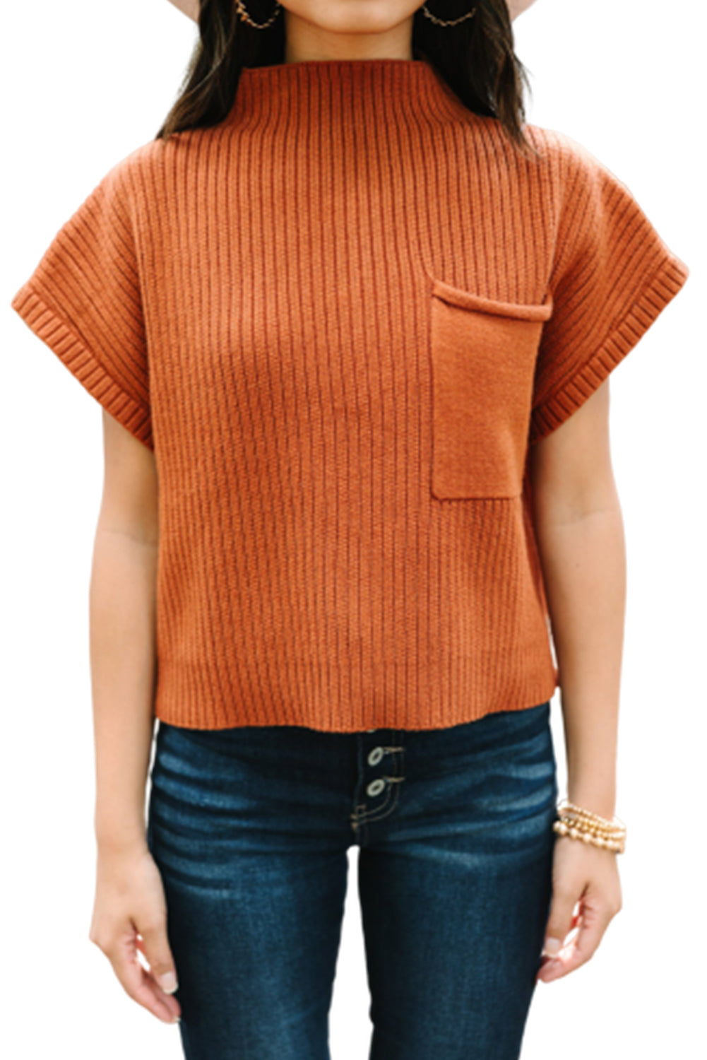 Mommas Hive oatmeal ribbed knit short sleeve sweater with patch pockets, casual and comfortable for everyday wear.