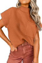 Mommas Hive oatmeal ribbed knit short sleeve sweater with patch pockets, made of viscose, polyester, and polyamide fabric.