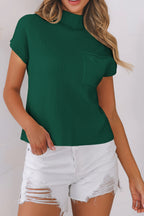 Mommas Hive oatmeal ribbed knit short sleeve sweater with patch pocket, casual knit top for women.