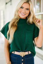 Mommas Hive oatmeal ribbed knit short sleeve sweater with patch pockets, lightweight and cozy for casual wear.