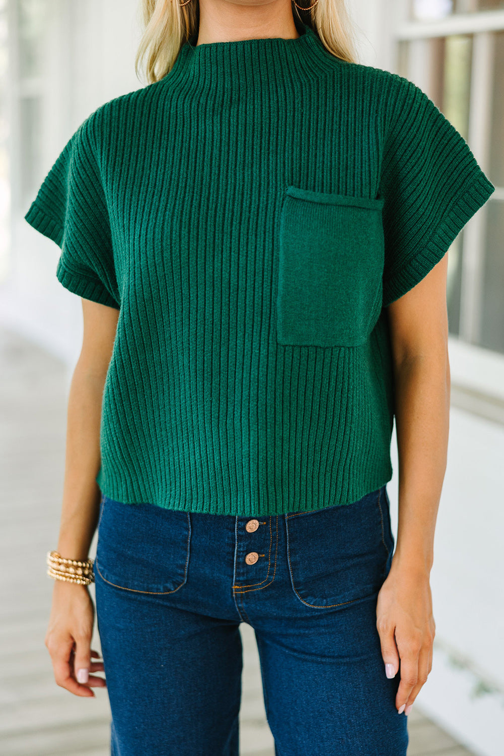 Mommas Hive oatmeal ribbed knit short sleeve sweater with patch pockets, made from viscose, polyester, and polyamide fabric.