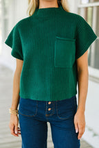 Mommas Hive oatmeal ribbed knit short sleeve sweater with patch pockets, made from viscose, polyester, and polyamide fabric.