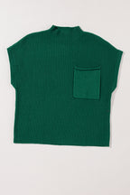Mommas Hive oatmeal ribbed knit short sleeve sweater with patch pocket, made of viscose, polyester, and polyamide fibers.