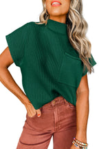 Mommas Hive oatmeal ribbed knit short sleeve sweater with patch pockets, made of viscose, polyester, and polyamide.