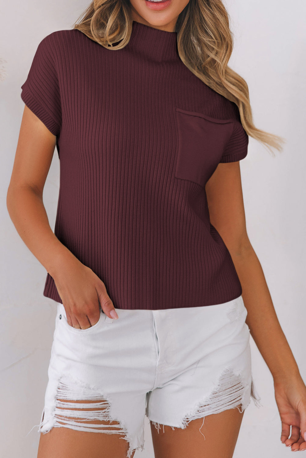 Mommas Hive oatmeal ribbed knit short sleeve sweater with patch pockets, lightweight and casual for comfortable style.