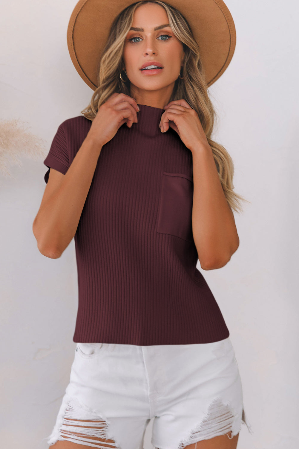 Mommas Hive oatmeal ribbed knit short sleeve sweater with patch pocket, lightweight and cozy, perfect for casual layering.
