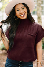 Mommas Hive oatmeal ribbed knit short sleeve sweater with patch pockets, made from viscose, polyester, and polyamide fabric.