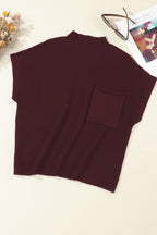 Mommas Hive oatmeal ribbed knit short sleeve sweater with patch pocket, made of viscose, polyester, and polyamide.