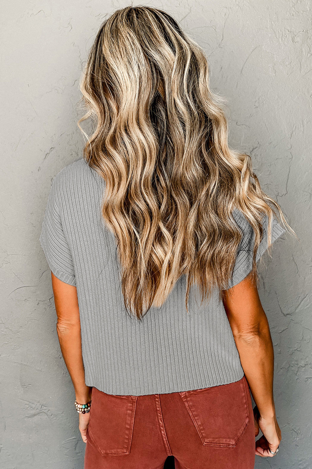Oatmeal ribbed knit short sleeve sweater with patch pockets from Mommas Hive, designed for a comfortable and stylish look.