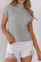 Mommas Hive oatmeal patch pocket ribbed knit short sleeve sweater, lightweight and cozy for casual wear, with a ribbed texture.