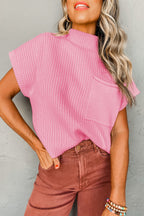 Oatmeal ribbed knit short sleeve sweater by Mommas Hive with patch pocket, lightweight and casual for comfortable style.
