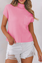 Mommas Hive oatmeal ribbed knit short sleeve sweater with patch pockets, made of viscose, polyester, and polyamide fibers.