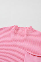 Mommas Hive oatmeal ribbed knit short sleeve sweater with patch pockets, lightweight and stylish for casual wear.