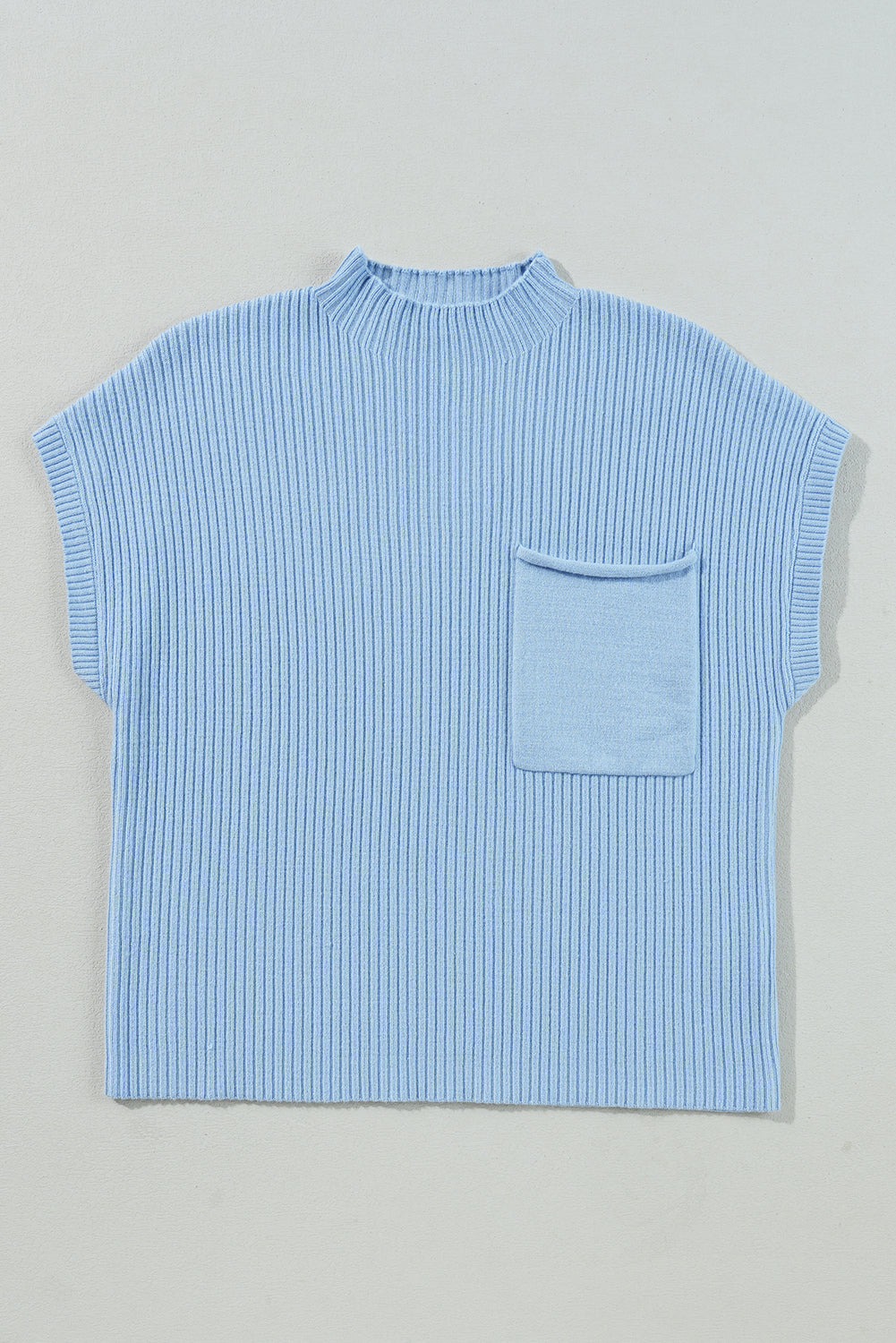 Mommas Hive oatmeal ribbed knit short sleeve sweater with patch pockets, made of viscose, polyester, and polyamide.