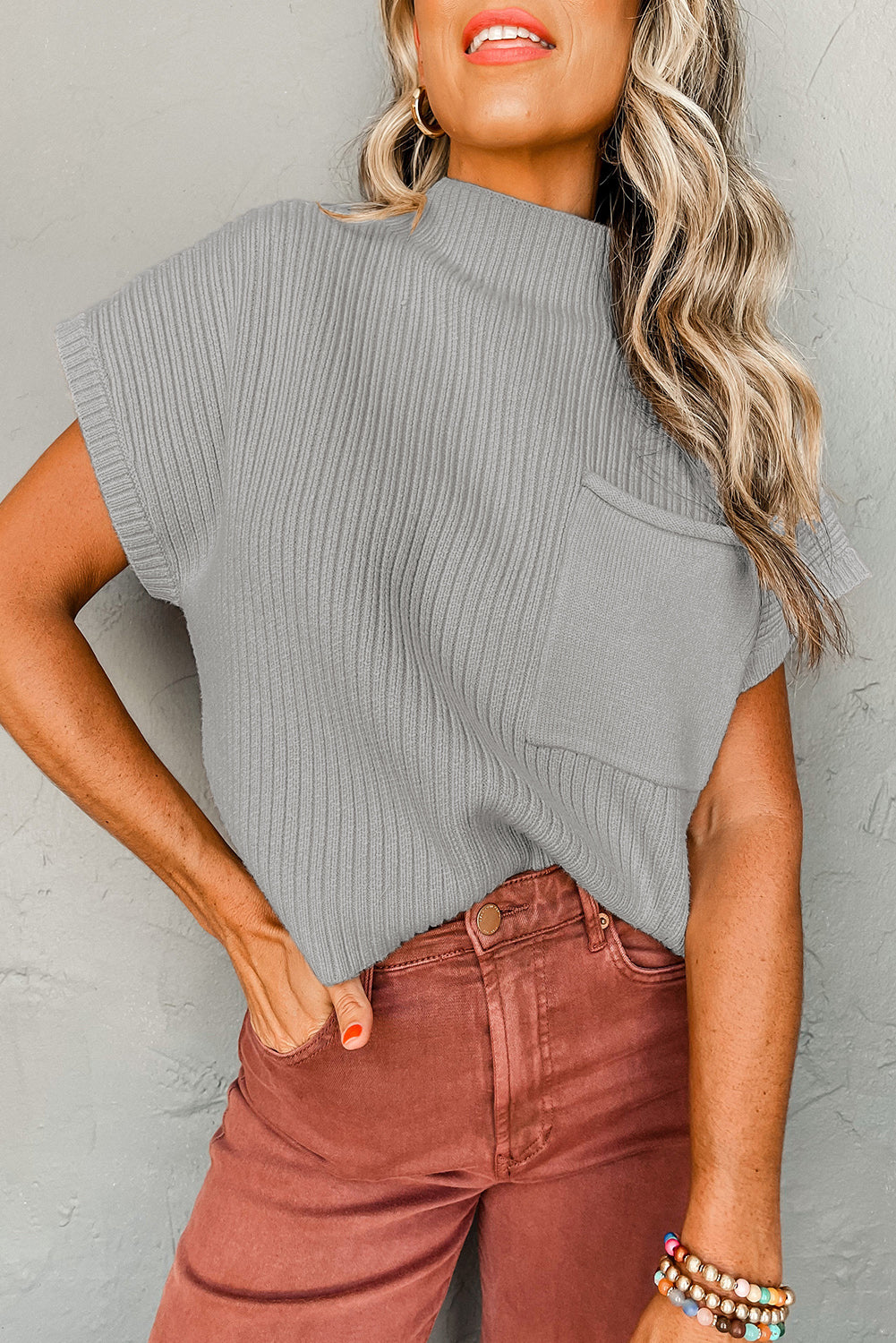 Oatmeal ribbed knit short sleeve sweater with patch pockets from Mommas Hive, featuring a cozy, textured design.