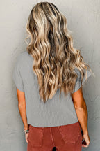 Mommas Hive oatmeal ribbed knit short sleeve sweater with patch pockets, soft and lightweight for casual wear.