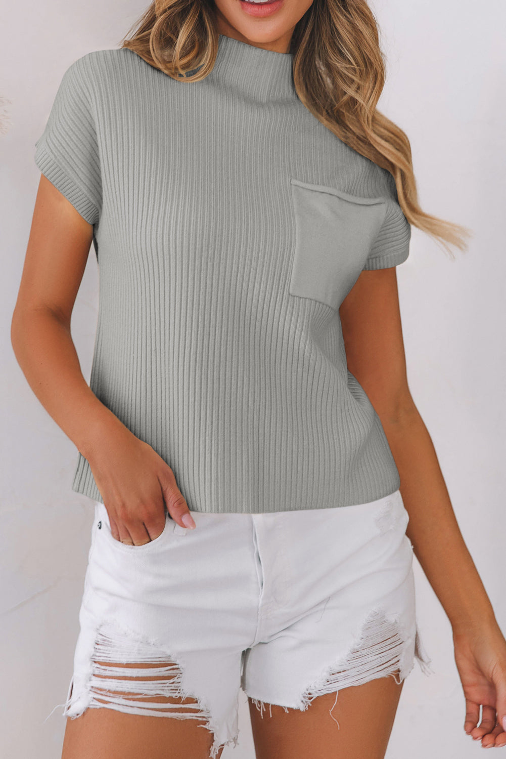 Mommas Hive oatmeal ribbed knit short sleeve sweater with patch pockets, lightweight and casual for women.